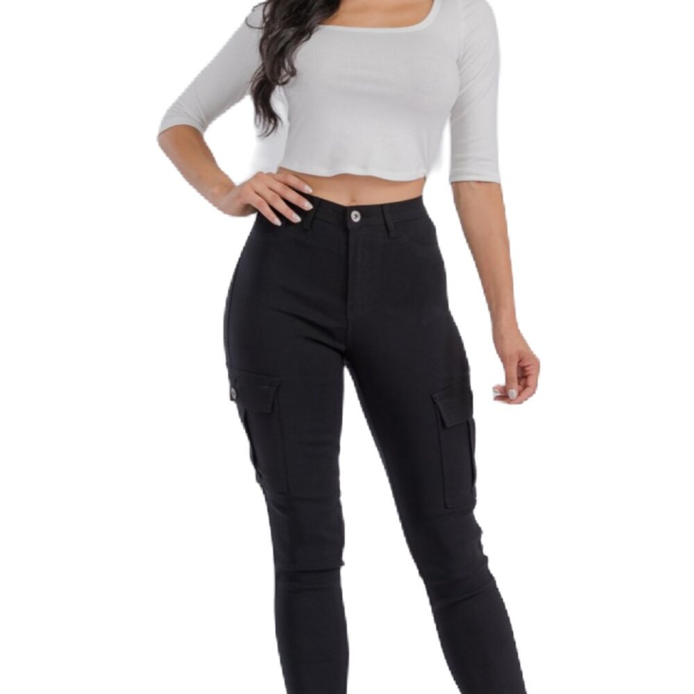 High Waist Stretchy jagging Jeans with Cargo Pocket